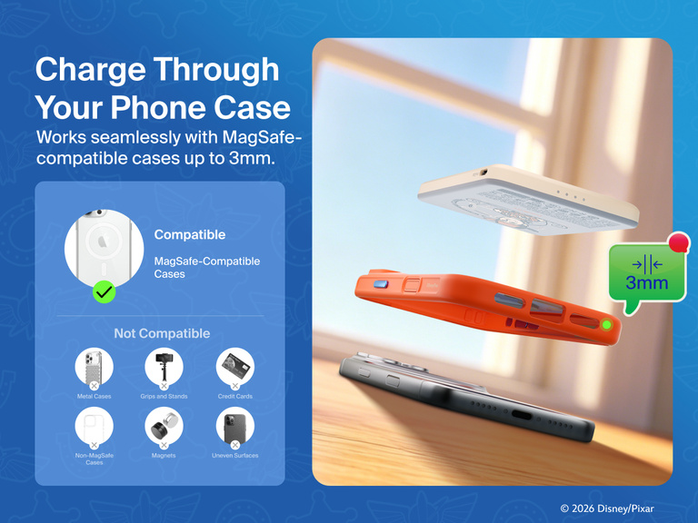 Belkin BoostCharge Slim Magnetic Power Bank 5K shown aligning with a smartphone and MagSafe-compatible case, demonstrating wireless charging through cases up to 3mm thick.