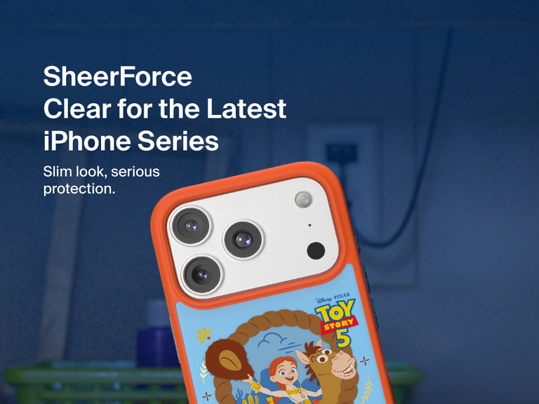 Belkin SheerForce Clear Toy Story 5 magnetic protective case for iPhone with durable translucent design, raised edges, and camera protection.