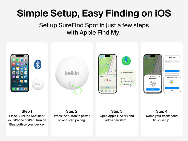Four-step setup guide for pairing Belkin SureFind Spot with an iPhone or iPad and adding the tracker to Apple Find My.