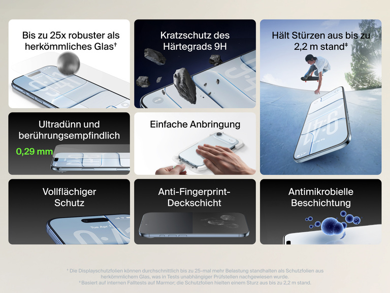 Belkin ScreenForce UltraGlass 2 Screen Protector with 25x stronger glass, 9H scratch resistance, 7.2 ft drop protection, ultra-thin 0.29mm design, edge-to-edge coverage, anti-fingerprint, antimicrobial treatment, and easy application.