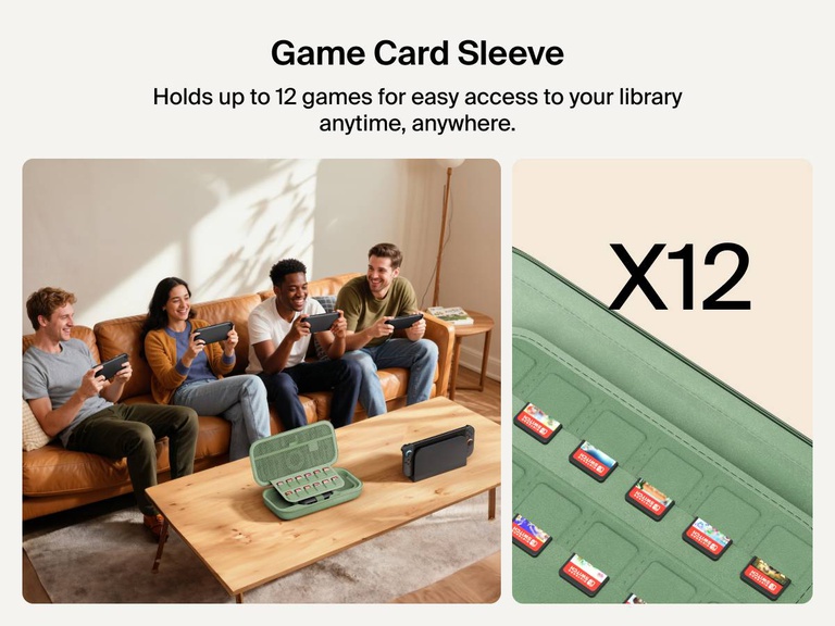 Four friends play on Nintendo Switch 2 consoles while the Belkin Gaming Charging Case sits open on the table, highlighting its built-in sleeve that securely stores up to 12 game cards.