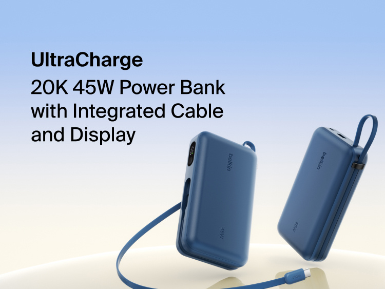 Belkin UltraCharge 20K 45W power bank with integrated USB-C cable and digital display showing portable high-capacity fast charging solution