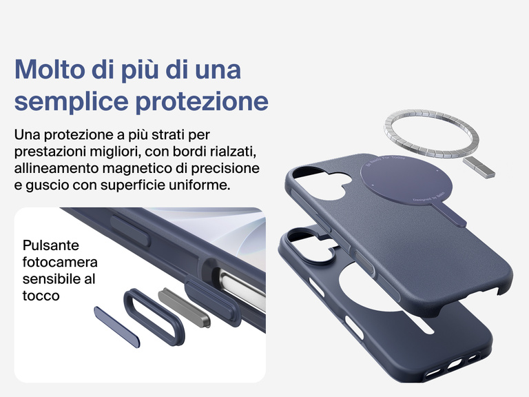 Immagine della custodia Belkin SheerForce Protect Series per iPhone 17 che evidenzia la compatibilità con MagSafe e Qi2 per un aggancio magnetico potente a caricabatterie e altri accessori.