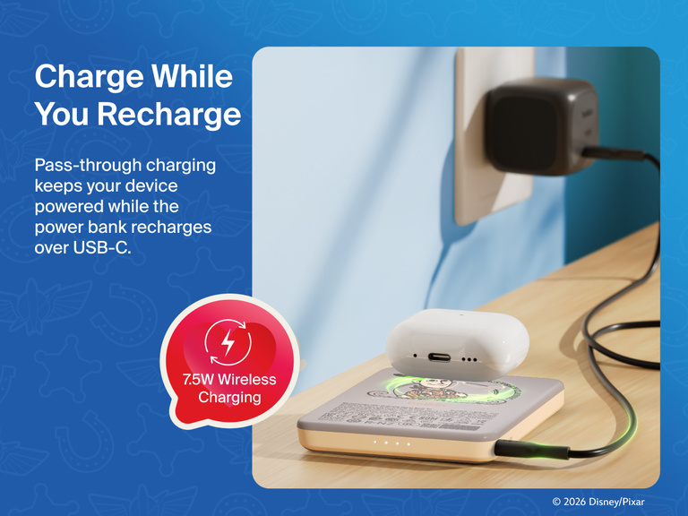 Belkin BoostCharge Slim Magnetic Power Bank 5K shown charging a smartphone on a table, highlighting its precharged battery ready for instant use out of the box.