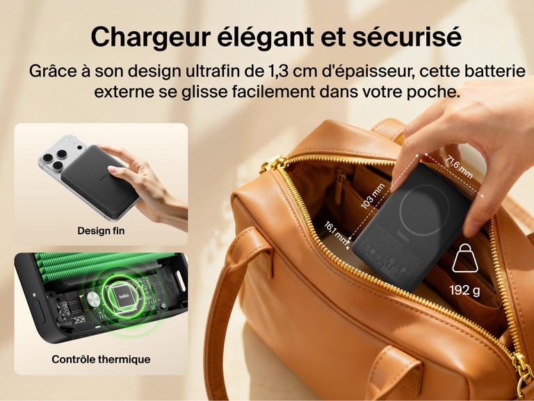 Belkin BoostCharge Slim Magnetic Power Bank 10K shown slipping easily into a bag with slim 0.5-inch profile, highlighting portable design and smart thermal control features