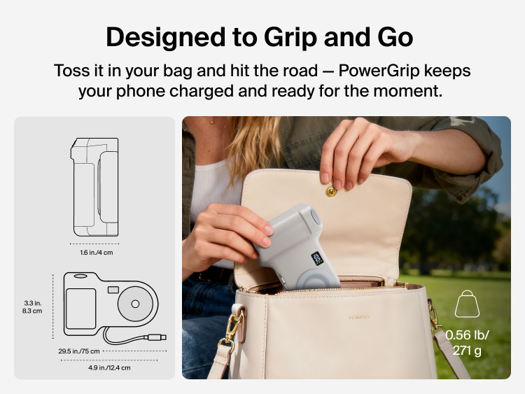 Person placing the Belkin Stage PowerGrip portable magnetic wireless charger into a handbag, shown with product dimensions and lightweight design for easy travel.