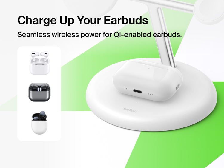 Belkin UltraCharge 3-in-1 Wireless Charging Stand with Qi2 25W charging Qi-enabled earbuds case on base pad with seamless wireless power feature highlighted