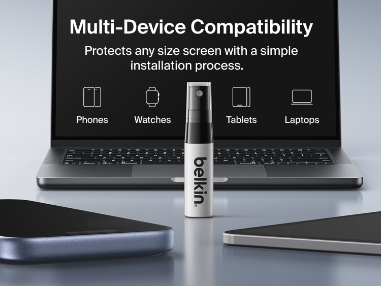 Belkin ScreenForce Titan LiquidGuard Screen Protector spray bottle displayed with laptop, phone, and tablet to illustrate multi-device compatibility across phones, watches, tablets, and computers.