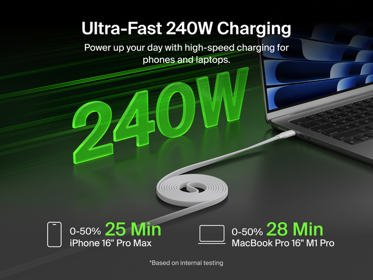 Belkin BoostCharge Pro Magnetic USB-C Cable 240W delivering ultra-fast charging for phones and laptops, shown powering a laptop with up to 240W high-speed performance.
