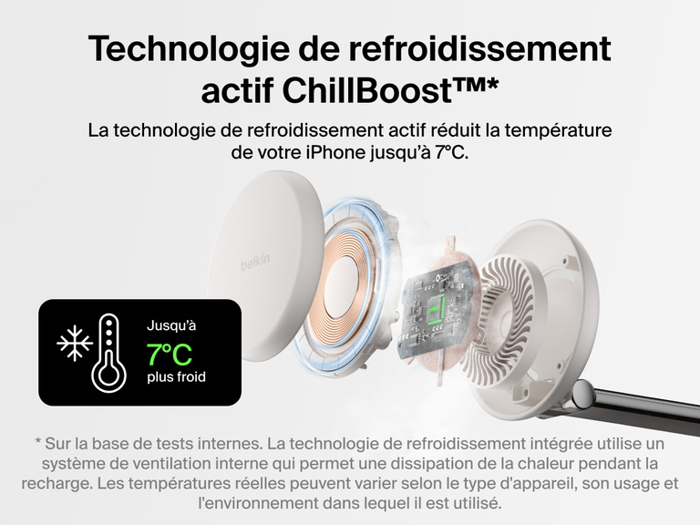 Station de recharge aimantée 3-en-1 Belkin UltraCharge Pro avec Qi2 (25 W) utilisant la technologie de refroidissement active ChillBoost™ pour réduire la température de votre iPhone jusqu’à 7°C pendant la recharge ultrarapide.