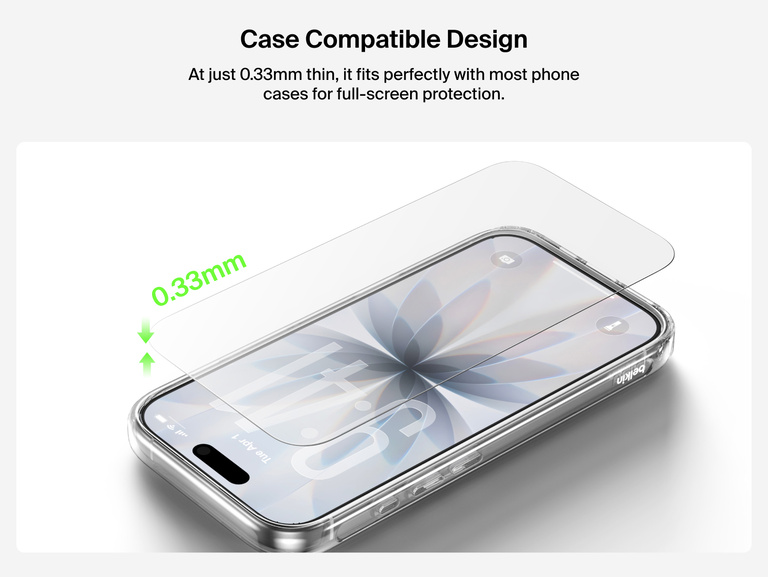 Belkin ScreenForce TemperedGlass Screen Protector with ultra-thin 0.33mm case-compatible design for full-screen protection and seamless fit with most phone cases.
