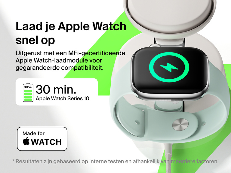 Het Belkin UltraCharge Pro 3-in-1 magnetische laadstation met Qi2 25W biedt snelladen voor de Apple Watch Series 10, van 0 tot 80% in 30 minuten met MFi-gecertificeerde compatibiliteit.