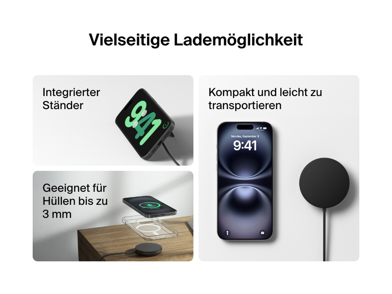 Ein schwarzes, magnetisches, kabelloses Belkin BoostCharge Pro-Ladegerät mit Qi2 und 15 Watt wird für mehrere Anwendungsfälle gezeigt. Es verfügt über einen aufklappbaren Ständer, ein kompaktes, transportables Design und ist mit Smartphone-Hüllen bis zu 3 mm Dicke kompatibel.