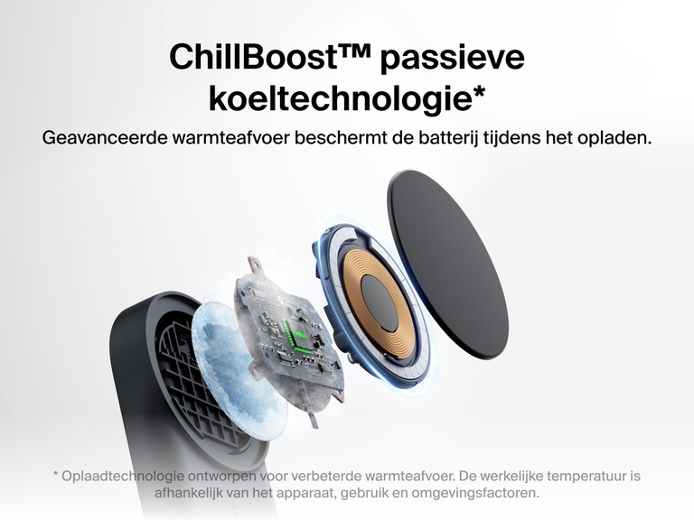 De Belkin UltraCharge 2-in-1 uitklapbare magnetische lader met Qi2 25W werkt met de passieve koeltechnologie ChillBoost™ om warmte beter af te voeren en de batterij te beschermen tijdens het opladen.