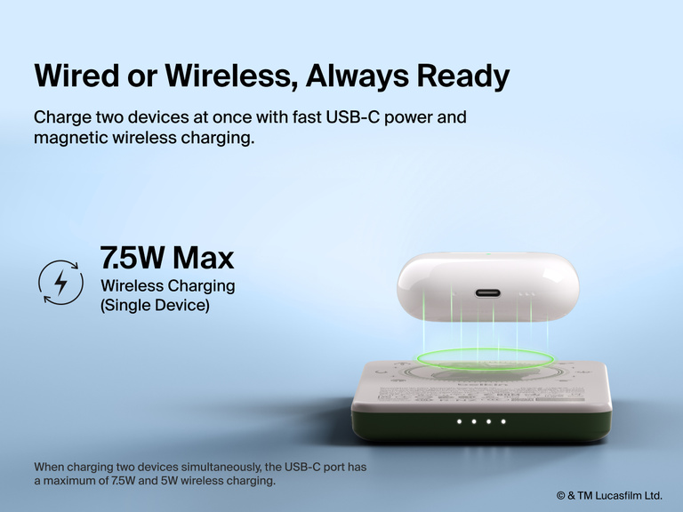 Belkin BoostCharge Slim Magnetic Power Bank 5K shown wirelessly charging earbuds, demonstrating 7.5W max magnetic wireless charging for single-device power.