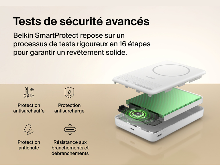 Slim Magnetic Power Bank 10K with Qi2 internal components exposed highlighting thermal control and safety protection features