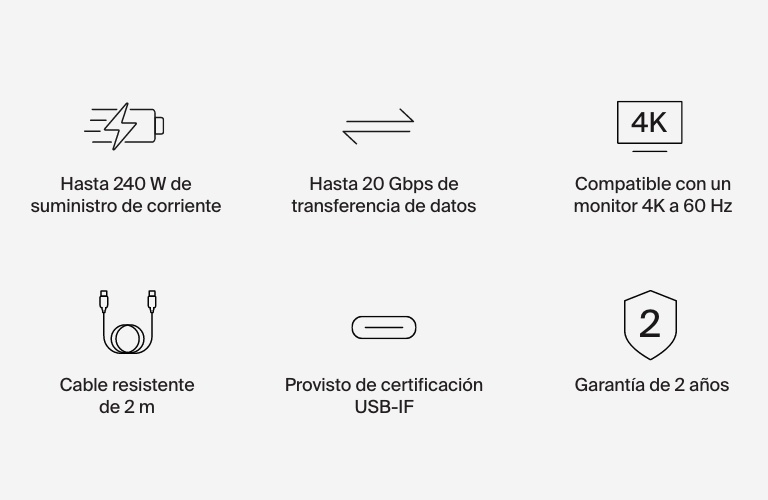 Belkin Connect cable USB4 (cable de alimentación de 2 m), cable USB-C a USB-C con Power Delivery de 240 W + 20 Gbps (cable de alimentación compatible con USB4), compatible con MacBook, Windows y Chromebook, entre otros
