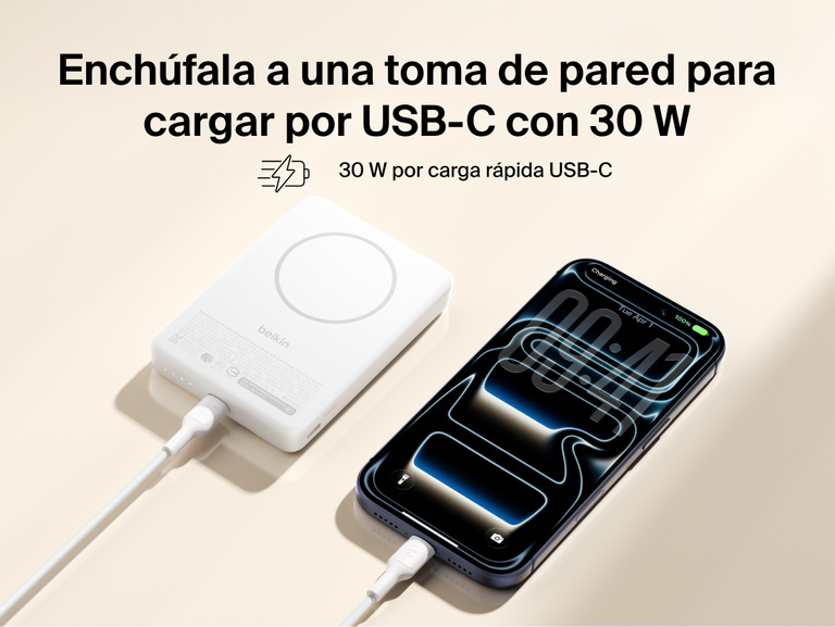 Slim Magnetic Power Bank 10K with Qi2 connected via USB-C cable delivering fast charging to smartphone