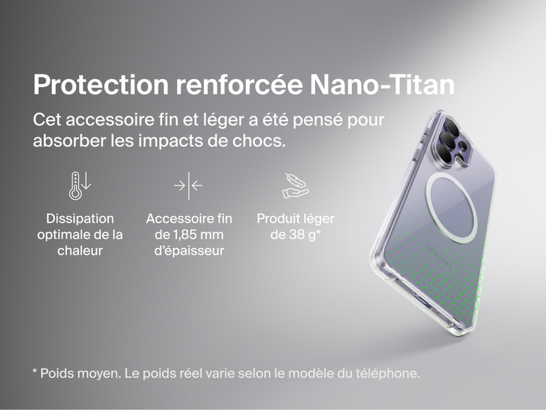 Belkin SheerForce Clear Series Case for Samsung Galaxy S26 shown in close-up, highlighting reinforced Nano-Titan protection with shock absorption, heat dissipation, ultra-slim 1.85 mm profile, and lightweight protective design.