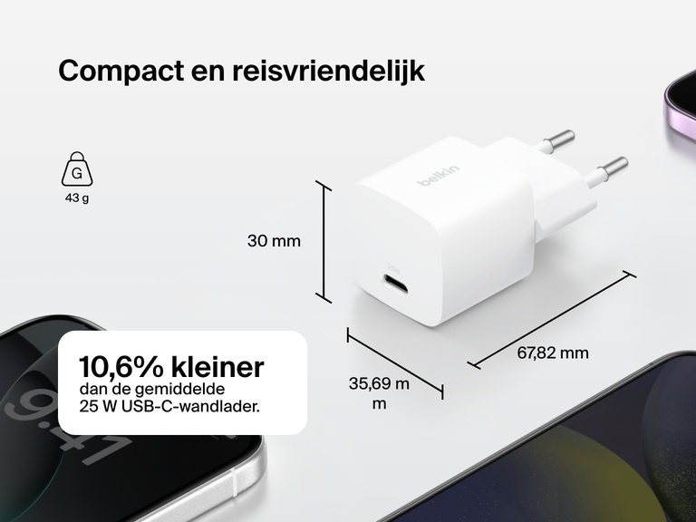 Belkin BoostCharge USB-C Wall Charger 25W shown with foldable prongs, compact dimensions, and 48% smaller size compared to standard 25W USB-C chargers for enhanced portability.