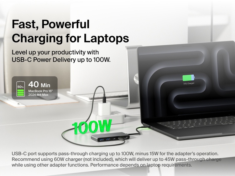 Belkin Connect 7-Port USB-C Hub with Dual USB-C Ports providing up to 100W USB-C Power Delivery for laptop charging.