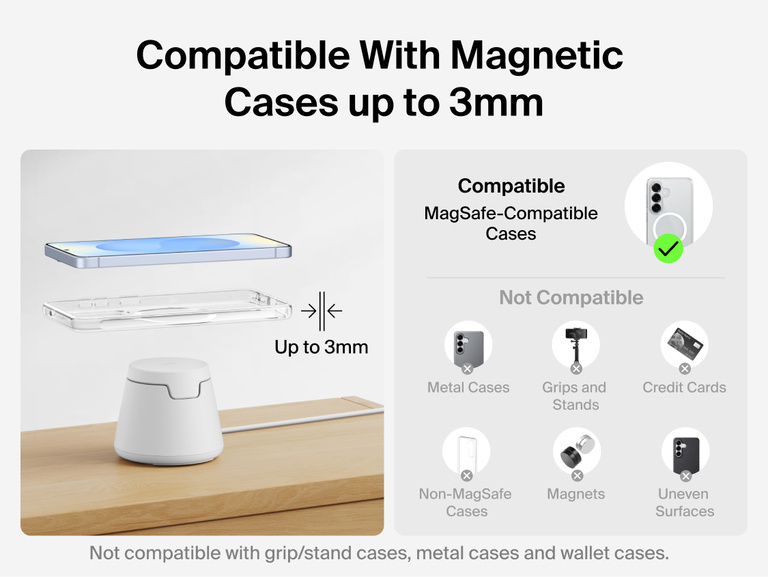 Belkin UltraCharge Modular Charging Dock with Qi2 25W showing compatibility with magnetic cases up to 3mm thick and optimized alignment for reliable wireless charging without metal or wallet-style cases.