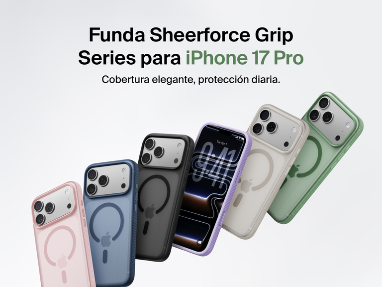 Belkin SheerForce Grip Series protective case for iPhone 17 shown in pink, clear, and black with slim design and MagSafe compatibility.