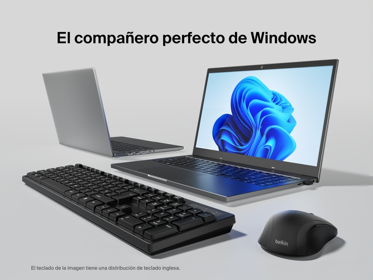 Se muestra el kit de teclado y ratón inalámbricos Belkin Connect al lado de dos portátiles Windows, enfatizando la compatibilidad con sistemas operativos Windows.