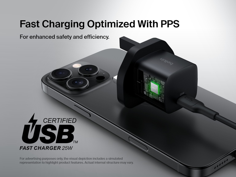 Belkin BoostCharge USB-C Wall Charger 25W shown with a visual cutaway highlighting PPS optimized fast charging for enhanced safety and efficiency.
