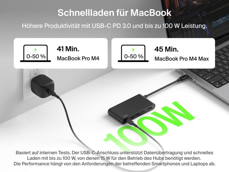 Belkin Connect 5-Port USB-C Hub with 4K HDMI supports up to 100W USB-C PD fast charging for MacBook Pro M4 and M4 Max.