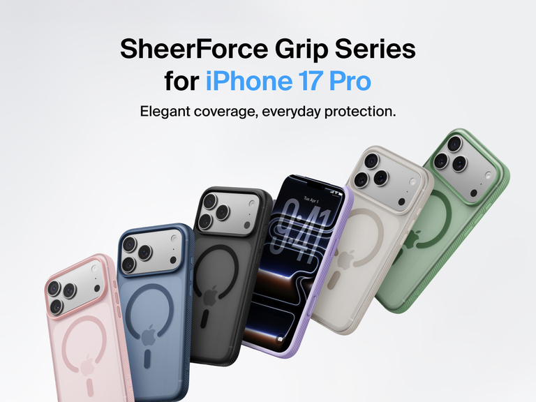 Belkin SheerForce Grip Series protective case for iPhone 17 shown in pink, clear, and black with slim design and MagSafe compatibility.