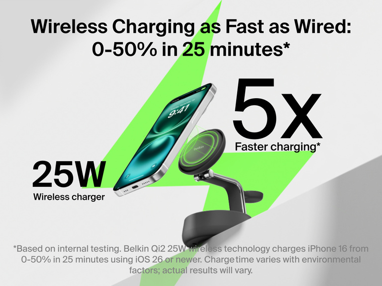 Belkin UltraCharge Pro 3-in-1 Magnetic Charging Dock with Qi2 25W delivers wireless charging as fast as wired, powering iPhone up to 50% in 25 minutes.