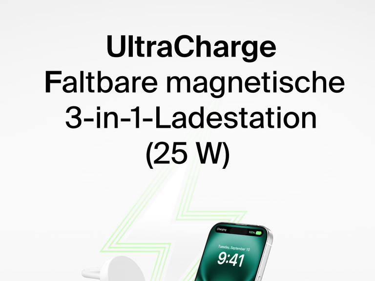 Belkin UltraCharge faltbare magnetische 3-in-1-Ladestation mit Qi2 25W wird beim Laden eines iPhones gezeigt. Im Hintergrund ist das Symbol eines grünen Blitzes zu sehen.