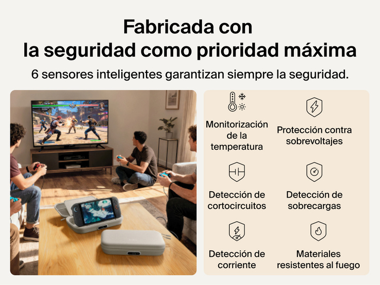 Belkin Gaming Charging Case Pro for Nintendo Switch 2 shown in a living room setup highlighting engineered safety features including temperature monitoring, overvoltage protection, overload detection, and fire-resistant materials.