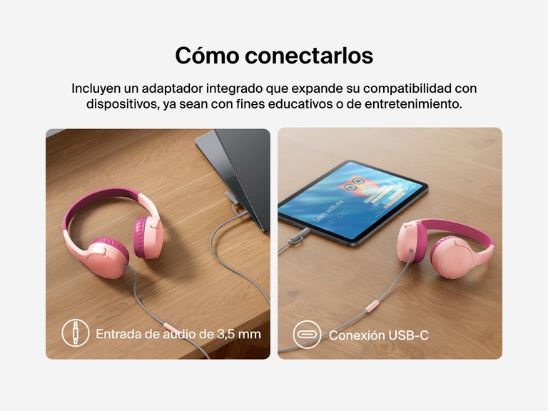 Side-by-side images showing Belkin Wired On-Ear Headphones for Kids connected to a laptop via 3.5mm audio jack and to a tablet via USB-C, demonstrating broad device compatibility.