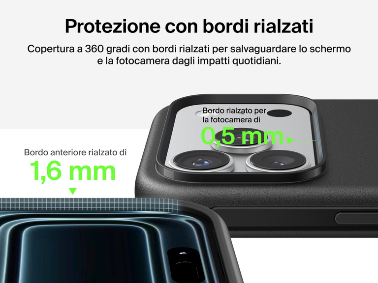 Immagine della custodia Belkin SheerForce Protect Series per iPhone 17 con design dei bordi rialzati e protezione dalle cadute di grado militare (fino a 4 metri).