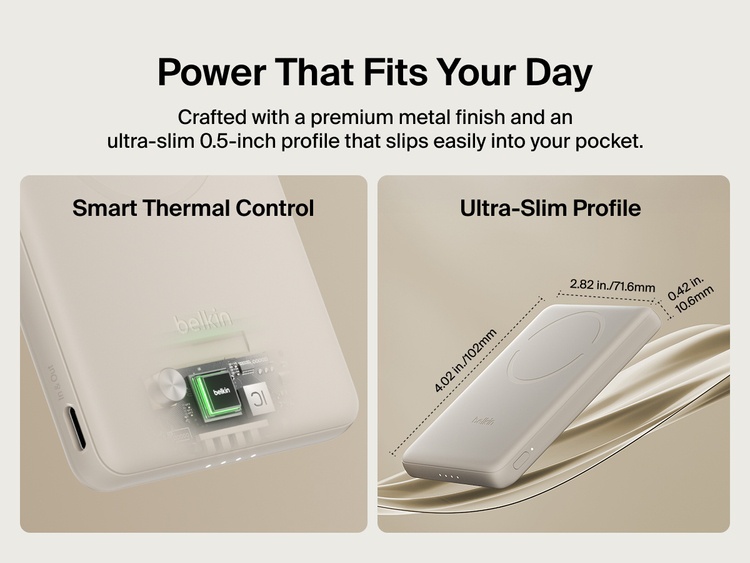 Belkin BoostCharge Slim Magnetic Power Bank 5K shown with smart thermal control and ultra-slim 0.5-inch profile designed for portable, pocket-friendly charging.