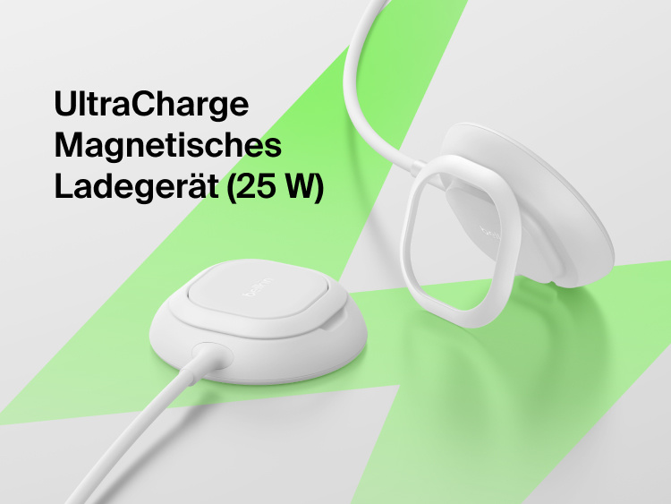 Das magnetische Belkin UltraCharge Ladeger&auml;t mit Qi2 25W wird als stylisches, magnetisches Ladepad und Ladest&auml;nder gezeigt, das schnelles, sicheres, induktives Laden erm&ouml;glicht.