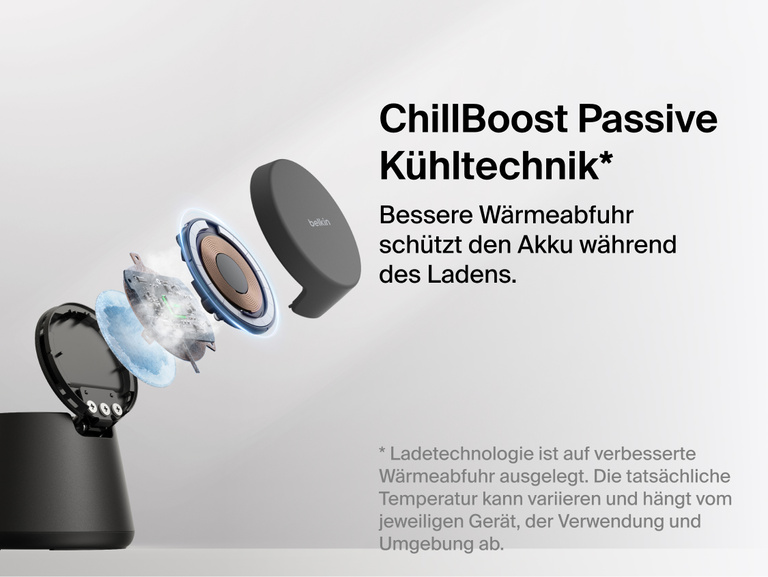 In einer Abbildung der modularen UltraCharge Ladestation mit Qi2&nbsp;25W von Belkin wird gezeigt, dass die passive K&uuml;hltechnik ChillBoost f&uuml;r eine verbesserte W&auml;rmeabfuhr sorgt und Ger&auml;teakkus w&auml;hrend des schnellen kabellosen Ladens schont.