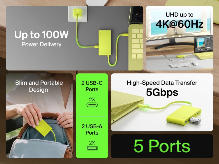 Belkin Connect 5-Port USB-C Hub with Dual USB-C Ports featuring 4K@60Hz display, 100W power delivery, 5Gbps data transfer, 2 USB-C and 2 USB-A ports, in a slim and portable design.