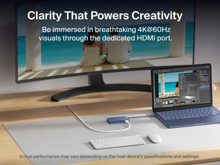 Belkin Connect 5-Port USB-C Hub with Dual USB-C Ports connects a laptop to a monitor, delivering stunning 4K@60Hz visuals via the dedicated HDMI port.