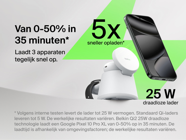 Afbeelding van het Belkin UltraCharge modulaire laadstation met Qi2 25W waarop de aandacht gevestigd wordt op snel draadloos opladen met maximaal 25 W, 5x hogere prestaties en het opladen van compatibele smartphones van 0-50% in ongeveer 35 minuten terwijl meerdere apparaten tegelijk worden opgeladen.