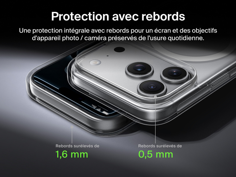 Belkin SheerForce Clear Series Case for iPhone 17 with elevated edge protection featuring 1.6mm front raised edge and 0.5mm camera raised edge for 360-degree coverage.