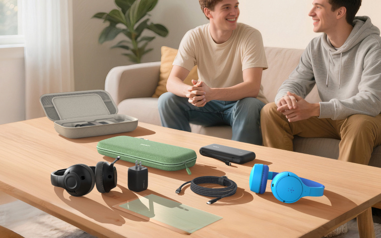 Two young men sit and talk on a beige couch in a bright, modern living room. On the wooden coffee table in front of them are various tech and gaming accessories, including two pairs of headphones (one black, one blue), a USB charger, braided charging cables, a screen protector, and several storage cases in different colors. Sunlight streams in through large windows, and a green plant is visible in the background. Two young men sit and talk on a beige couch in a bright, modern living room. On the wooden coffee table in front of them are various tech and gaming accessories, including two pairs of headphones (one black, one blue), a USB charger, braided charging cables, a screen protector, and several storage cases in different colors. Sunlight streams in through large windows, and a green plant is visible in the background.