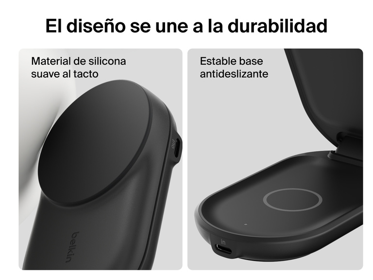 Primer plano del cargador magnético plegable 2 en 1 con Qi2 25W Belkin UltraCharge. Provisto de material de silicona suave y una base lastrada antideslizante para proporcionar una mayor durabilidad y seguridad.