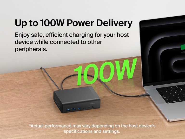 Connect 15-Port Triple Display USB-C Dock on a desk connected to a laptop, illustrating up to 140W power delivery for safe, efficient charging while connected to other peripherals