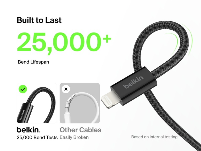 Belkin BoostCharge USB-A Cable with Lightning Connector highlighted for its 25,000+ bend lifespan and durable braided design, outperforming standard cables in longevity and strength.
