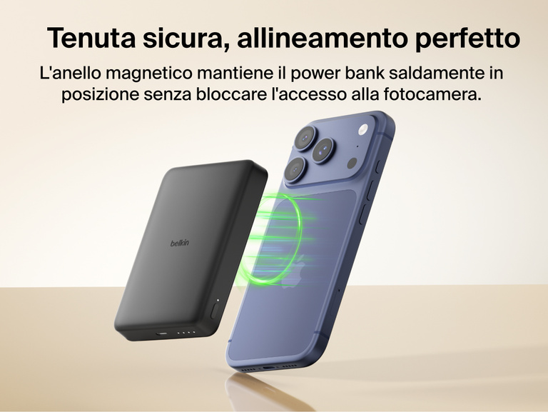 Belkin BoostCharge Slim Magnetic Power Bank 10K magnetically aligning to a smartphone for secure hold and wireless charging without blocking the camera