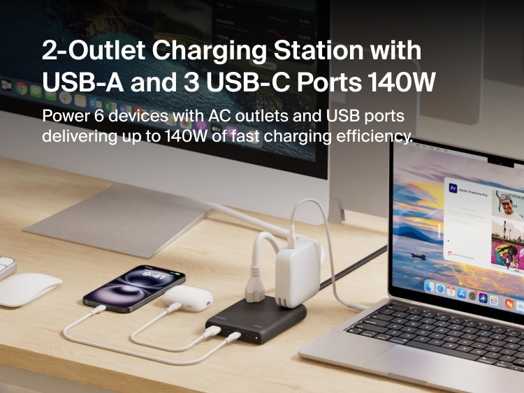 Belkin 2-Outlet Charging Station with USB-A and 3 USB-C Ports 140W shown on a desktop powering a laptop, smartphone, and accessories, illustrating fast multi-device charging efficiency.