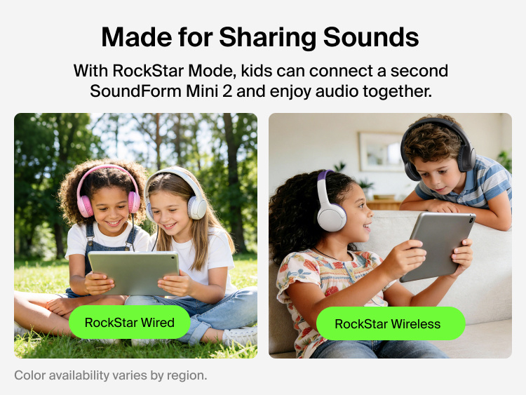 SoundForm Mini 2 Wireless On-Ear Headphones for Kids RockStar Mode lifestyle scenes: two girls sharing audio via wired connection outdoors, and two kids sharing audio wirelessly on a tablet indoors, labeled RockStar Wired and RockStar Wireless